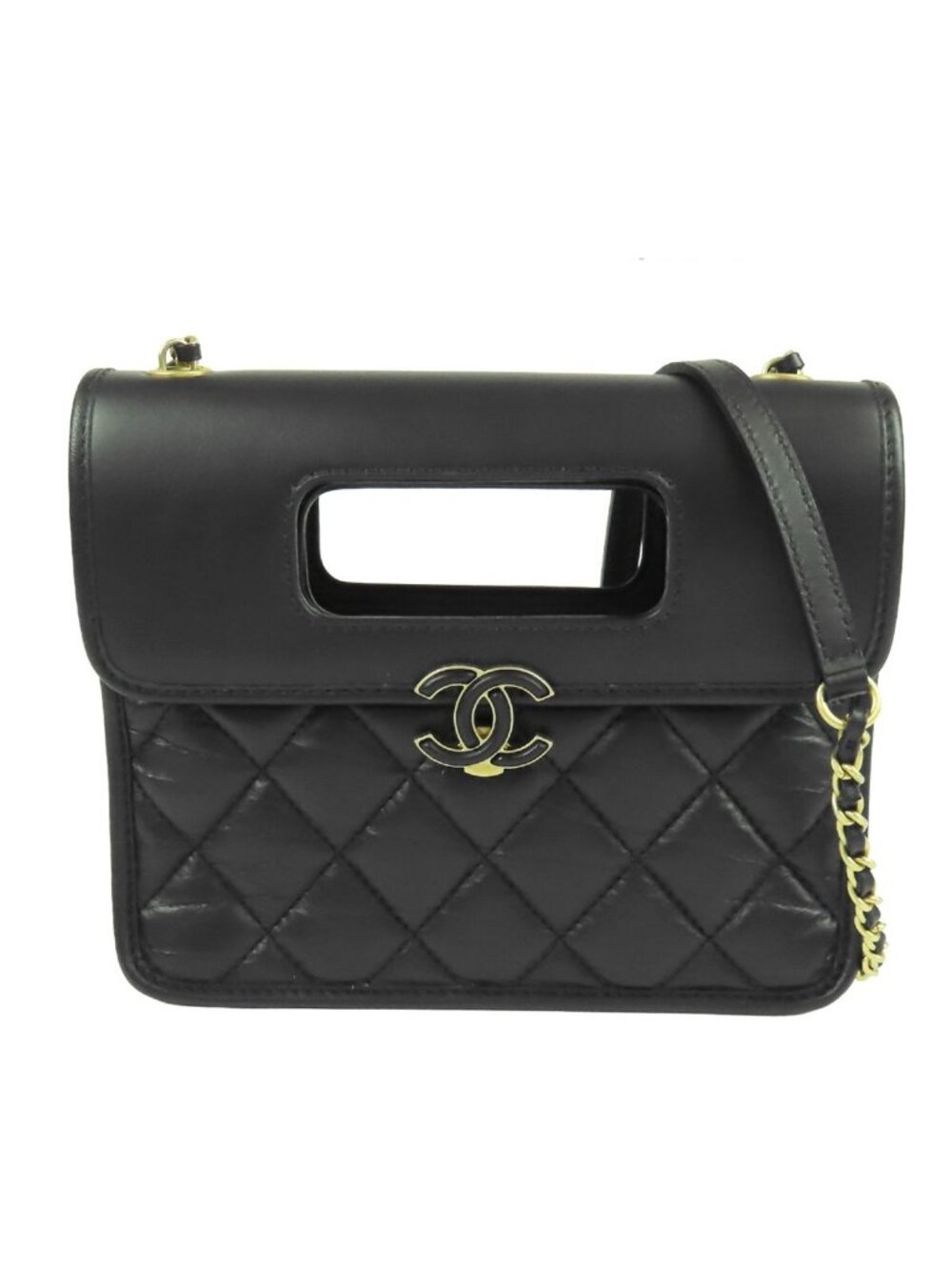 Chanel Chain Shoulder Bag Black Gold Calfskin Quilted Mini Flap 2-Way